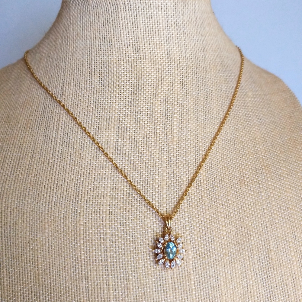 Vintage Aquamarine CZ Gold Flower Necklace 18 inch